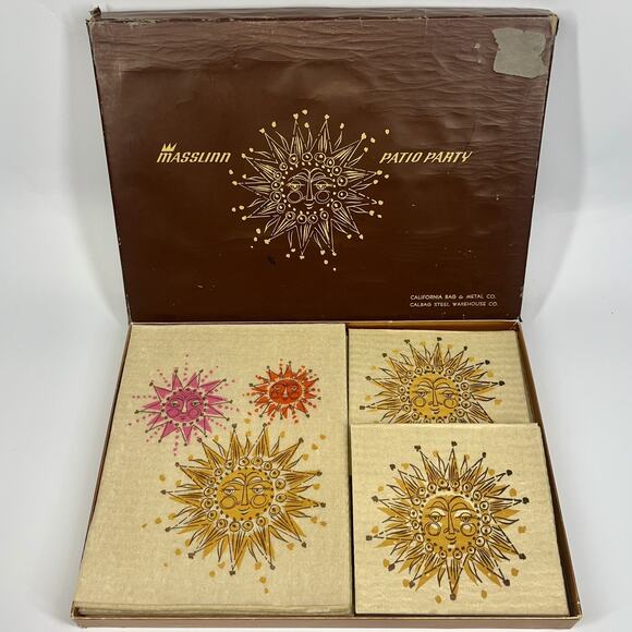 Vintage MCM Atomic Sun Napkins Dinner Barware Set 21 RARE Masslinn Patio Party - Picture 1 of 7